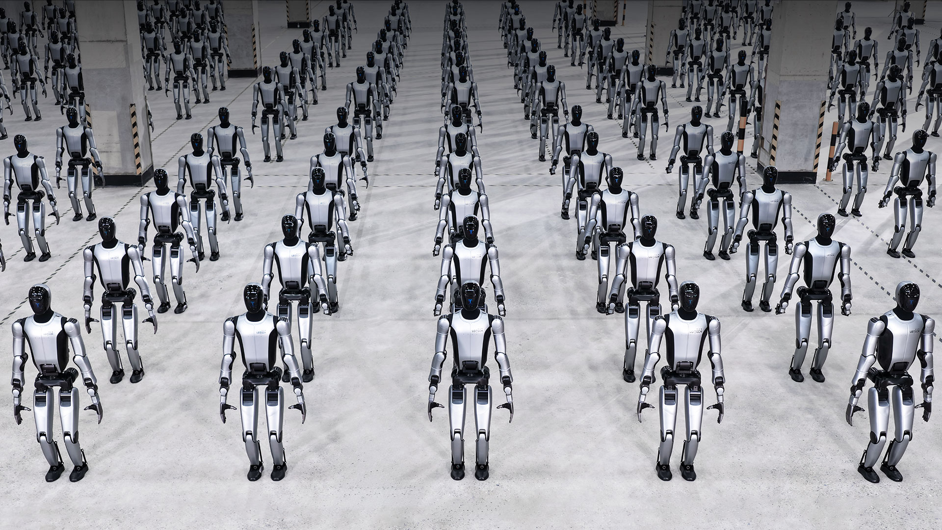 Hundreds of UBTECH Walker S2 humanoid robots in factory formation